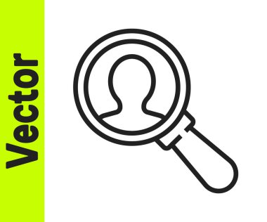 Beyaz arka planda izole edilmiş bir insan simgesini aramak için siyah çizgi büyüteç. İşe alım ya da seçim konsepti. Çalışanları ve işi ara. Vektör.