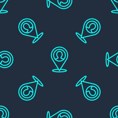 Yeşil çizgi işaretleyicisi, üzerinde bir insan simgesinin silueti olan mavi arkaplanda izole edilmiş pürüzsüz desen. GPS konum sembolü. Vektör.