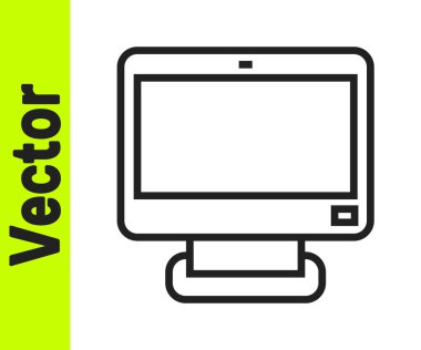 Siyah çizgi bilgisayar ekranı ekranı simgesi beyaz arkaplanda izole edildi. Elektronik cihaz. Ön manzara. Vektör.