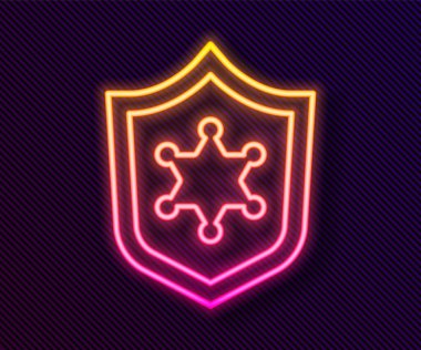 Parlayan neon hattı polis rozeti ikonu siyah arka planda izole edildi. Şerif rozeti. Vektör.