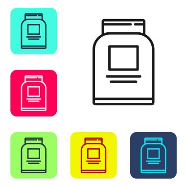 Siyah çizgi spor, vücut geliştirme, protein enerji içeceği ve beyaz arka planda izole edilmiş yiyecek ikonu. Renkli kare düğmelerle simgeleri ayarla. Vektör.