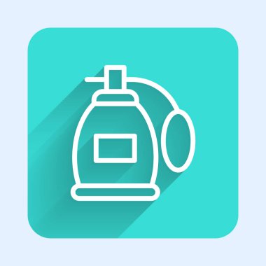 Uzun gölgeli beyaz çizgi parfüm ikonu. Yeşil kare düğmesi. Vektör.