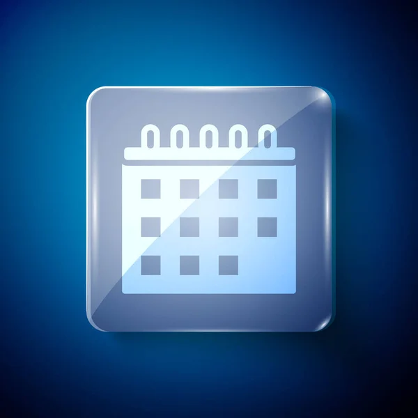 白のカレンダーアイコンは青の背景に隔離されています イベントリマインダーシンボル 正方形のガラスパネル ベクトル — ストックベクタ