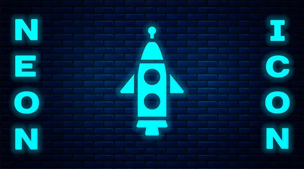 Λαμπερό Νέον Rocket Πλοίο Εικονίδιο Απομονώνονται Τούβλο Τοίχο Φόντο Διαστημικό — Διανυσματικό Αρχείο