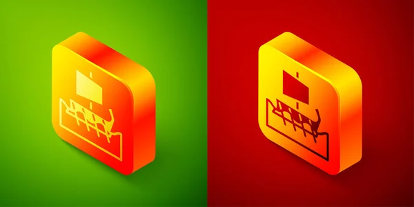 Isometric Ancient Greek Trireme Icon Isolated Green Red Background Square — Stock Vector