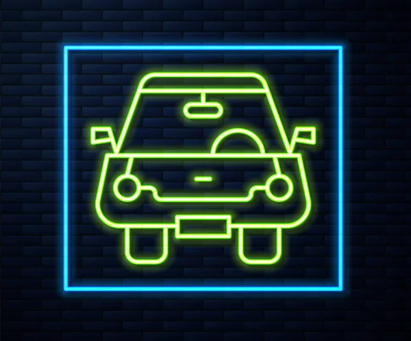 Glödande Neon Line Bil Ikon Isolerad Tegel Vägg Bakgrund Framifrån — Stock vektor