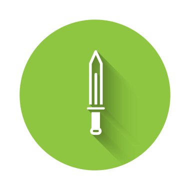 Beyaz Ortaçağ kılıç ikonu uzun gölgelerle izole edilmiş. Ortaçağ silahı. Yeşil daire düğmesi. Vektör.