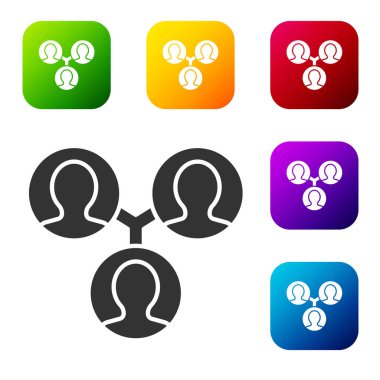 Siyah Proje ekip taban simgesi beyaz arkaplanda izole edildi. İş analizi ve planlama, danışmanlık, takım çalışması, proje yönetimi. Renkli kare düğmelerle simgeleri ayarla. Vektör.