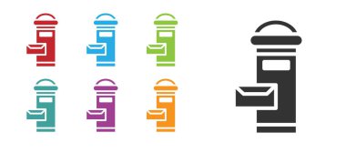 Siyah Geleneksel Londra posta kutusu simgesi beyaz arka planda izole edildi. İngiltere posta kutusu ikonu. Posta kutusu. Simgeleri renklendirin. Vektör.