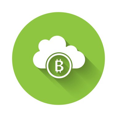 Beyaz Kripto para birimi bulut maden ikonu uzun gölgeli izole. Engelleme teknolojisi, bitcoin, dijital para piyasası, kripto para cüzdanı. Yeşil daire düğmesi. Vektör.
