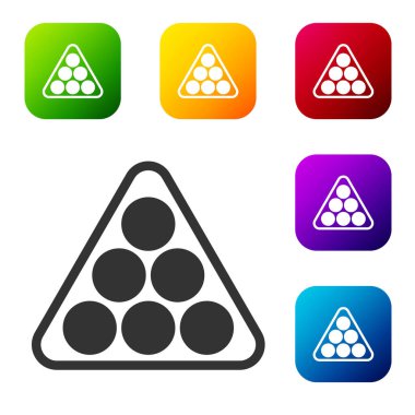 Siyah bilardo topları beyaz arka planda izole edilmiş bir üçgen ikonunda. Renkli kare düğmelerle simgeleri ayarla. Vektör.