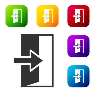 Siyah Ateş çıkış simgesi beyaz arkaplanda izole edildi. Acil durum ikonunu ateşle. Renkli kare düğmelerle simgeleri ayarla. Vektör.