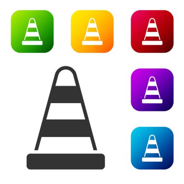 Beyaz arkaplanda siyah trafik konisi simgesi izole edildi. Renkli kare düğmelerle simgeleri ayarla. Vektör.