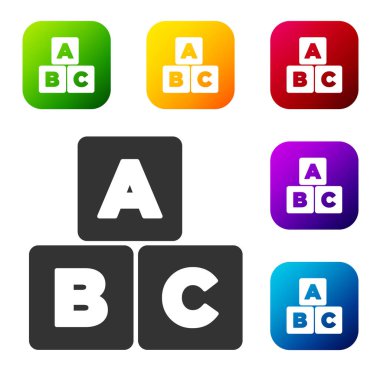 Siyah ABC blok simgesi beyaz arkaplanda izole edildi. A, B, C harfli alfabe küpleri. Renkli kare düğmelerle simgeleri ayarla. Vektör.