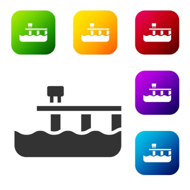 Siyah Sahil iskele ikonu beyaz arka planda izole edildi. Renkli kare düğmelerle simgeleri ayarla. Vektör.