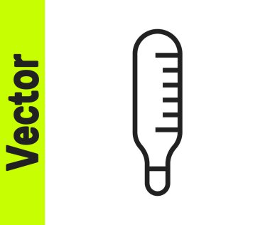 Tıbbi inceleme için siyah çizgi termometresi beyaz arka planda izole edilmiş. Vektör İllüstrasyonu.