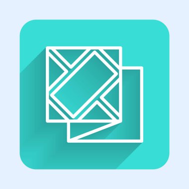 Beyaz çizgi katlanmış harita simgesi uzun gölgeli izole edilmiş. Yeşil kare düğmesi. Vektör İllüstrasyonu.