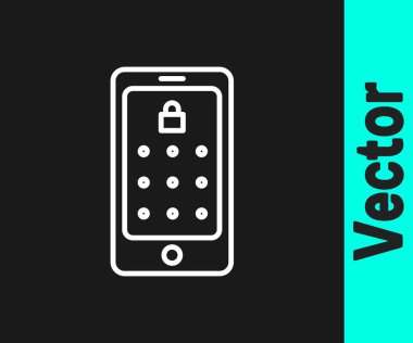 Beyaz çizgi cep telefonu ve grafik şifre koruma simgesi siyah arkaplanda izole edildi. Güvenlik, kişisel erişim, kullanıcı yetkisi. Vektör İllüstrasyonu.