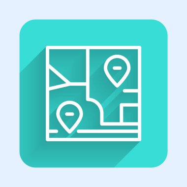 Konum belirleyici simgesiyle birlikte uzun gölgeli beyaz çizgi haritası. Yeşil kare düğmesi. Vektör.