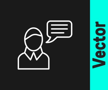 Beyaz çizgi konuşma balonu sohbet simgesi siyah arkaplanda izole edildi. İleti simgesi. İletişim ya da yorum sohbet sembolü. Vektör.