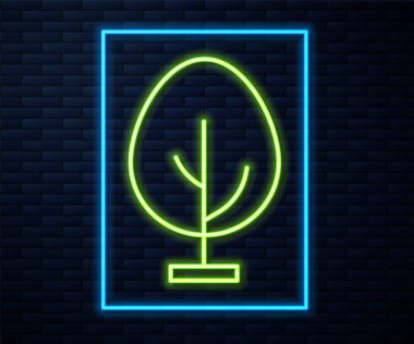 Parlayan neon hattı ağaç simgesi tuğla duvar arkasında izole edilmiş. Orman sembolü. Vektör.