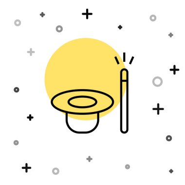 Siyah çizgi sihirli şapka ve sihirli değnek simgesi beyaz arkaplanda izole edildi. Sihir numarası. Gizemli eğlence konsepti. Rastgele dinamik şekiller. Vektör.