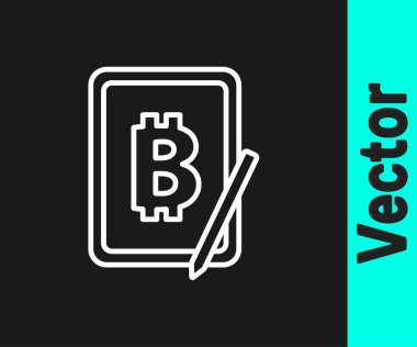Siyah arkaplanda izole edilmiş grafik tablet simgesinden beyaz çizgi madencilik bitcoin. Kripto para birimi madenciliği, engelleme zinciri teknoloji servisi. Vektör.