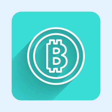 Beyaz çizgi kripto para birimi Bitcoin simgesi uzun gölgeli izole edilmiş. Madeni para. Engelleme zinciri tabanlı şifreli para birimi. Yeşil kare düğmesi. Vektör.