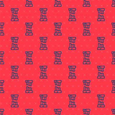 Mavi çizgi Kırık antik sütun simgesi kırmızı arkaplanda izole edilmiş pürüzsüz desen. Vektör.