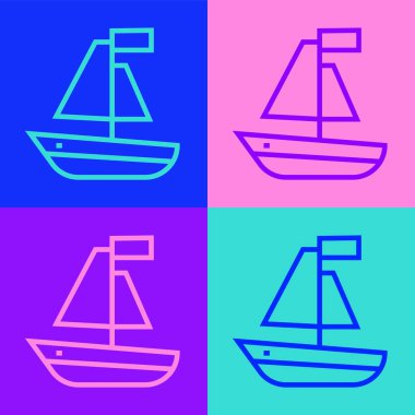 Pop sanat çizgisi oyuncak tekne simgesi renk arkaplanında izole edildi. Vektör.