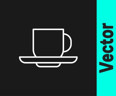 Beyaz çizgi kahve fincanı simgesi siyah arkaplanda izole edilmiş. Çay fincanı. Sıcak içecek kahvesi. Vektör.