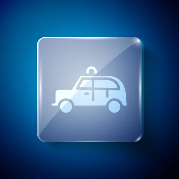 白色出租车图标隔离在蓝色背景 方块玻璃面板 — 图库矢量图片
