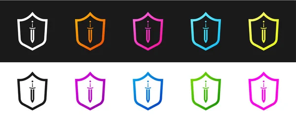 Set Medieval Shield Sword Icon Isolated Black White Background Vector — Stock Vector