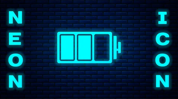 Glowing Neon Battery Charge Level Indicator Icon Isolated Brick Wall — Stock Vector