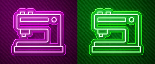 Glowing Neon Line Sewing Machine Icon Isolated Purple Green Background — Stock Vector