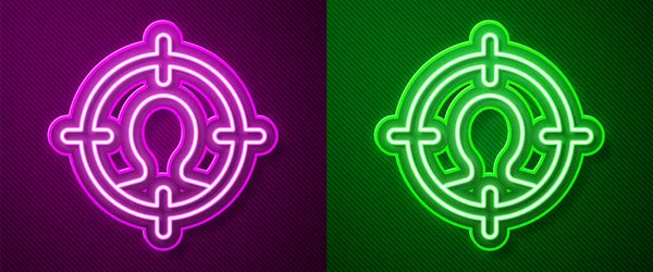 Gloeiende Neon Lijn Hoofd Jacht Pictogram Geïsoleerd Paarse Groene Achtergrond — Stockvector