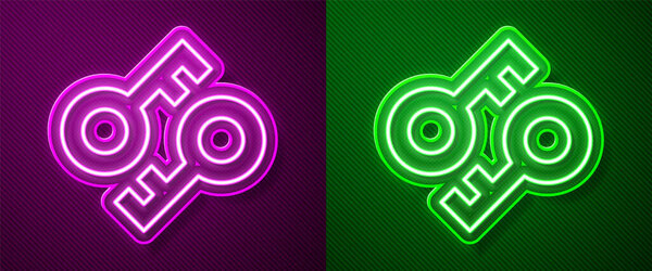 Glowing neon line Cryptocurrency key icon isolated on purple and green background. Concept of cyber security or private key, digital key with technology interface.  Vector.