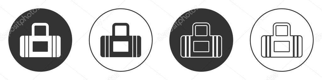 Black Sport bag icon isolated on white background. Circle button. Vector.
