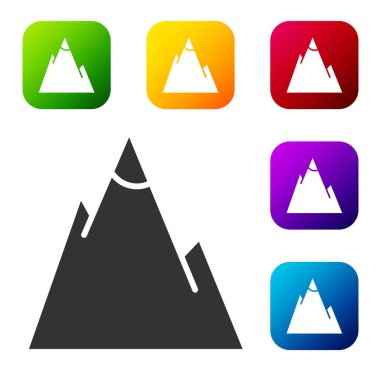Siyah Dağlar simgesi beyaz arkaplanda izole edildi. Zaferin ya da başarının sembolü. Renkli kare düğmelerle simgeleri ayarla. Vektör İllüstrasyonu.