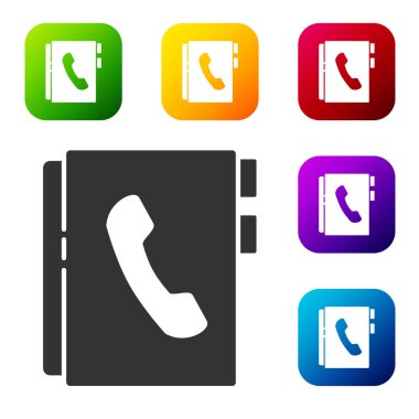 Siyah adres defteri simgesi beyaz arkaplanda izole edildi. Not defteri, adres, bağlantı, rehber, telefon, telefon rehberi simgesi. Renkli kare düğmelerle simgeleri ayarla. Vektör İllüstrasyonu.