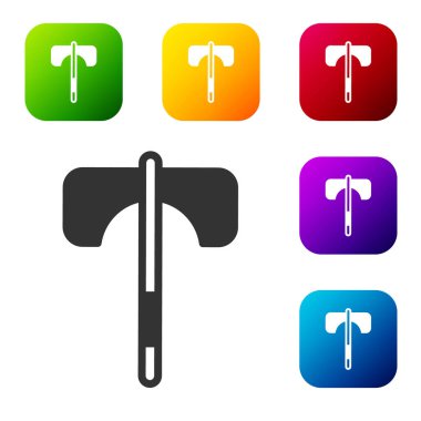 Siyah Ortaçağ balta simgesi beyaz arka planda izole edildi. Savaş baltası, cellat baltası. Ortaçağ silahı. Renkli kare düğmelerle simgeleri ayarla. Vektör.