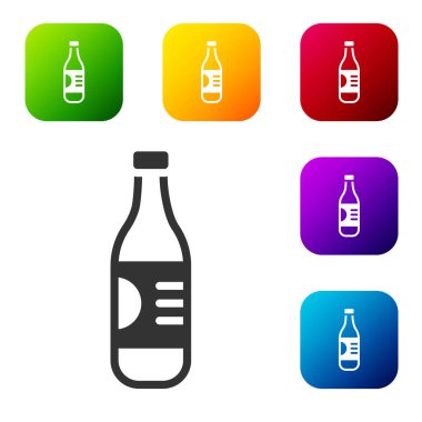 Beyaz arka planda izole edilmiş siyah su ikonu şişesi. Soda su içme tabelası. Renkli kare düğmelerle simgeleri ayarla. Vektör.
