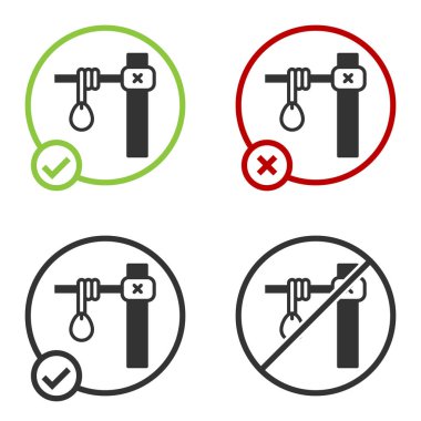 Beyaz arka planda siyah darağacı halat ikonu asılı. İpe bağlanmış halat. İntihar, asılma ya da linç. Çember düğmesi. Vektör.