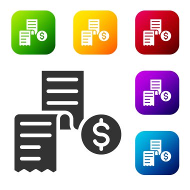 Siyah kağıt ya da mali kontrol simgesi beyaz arka planda izole edildi. Kağıt baskı çeki, makbuz ya da fatura. Renkli kare düğmelerle simgeleri ayarla. Vektör.