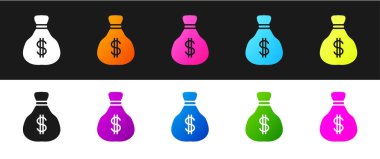 Para çantası simgesini siyah beyaz arkaplanda izole et. Dolar ya da USD sembolü. Nakit bankacılık tabelası. Vektör.