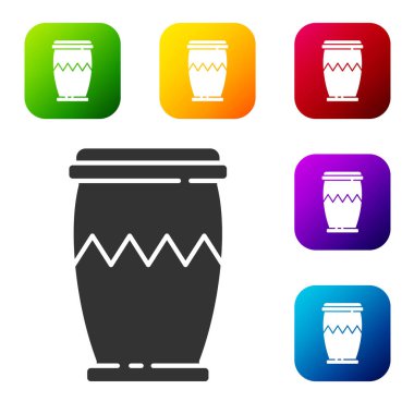 Siyah Davul simgesi beyaz arkaplanda izole edildi. Müzik işareti. Müzik aleti sembolü. Renkli kare düğmelerle simgeleri ayarla. Vektör.