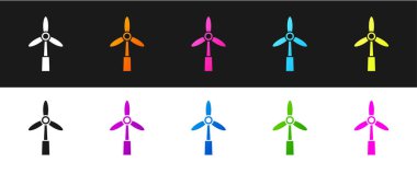 Rüzgar türbini simgesini siyah ve beyaz arkaplanda izole et. Rüzgar jeneratörü işareti. Elektrik üretimi için yel değirmeni. Vektör.