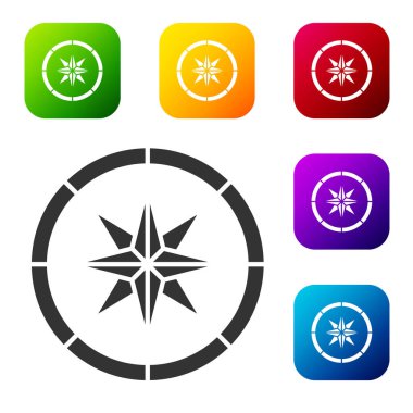 Siyah Pusula simgesi beyaz arkaplanda izole edildi. Rüzgâr yön bulma sembolü. Rüzgar gül işareti. Renkli kare düğmelerle simgeleri ayarla. Vektör.