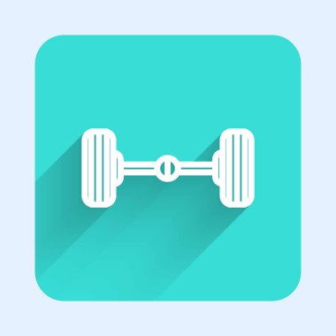 Beyaz çizgi Chassis araba ikonu uzun gölgeli izole edilmiş. Yeşil kare düğmesi. Vektör İllüstrasyonu.