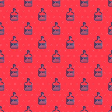 Mavi çizgili alkol, kırmızı arka planda izole edilmiş rom şişesi ikonu. Vektör İllüstrasyonu.